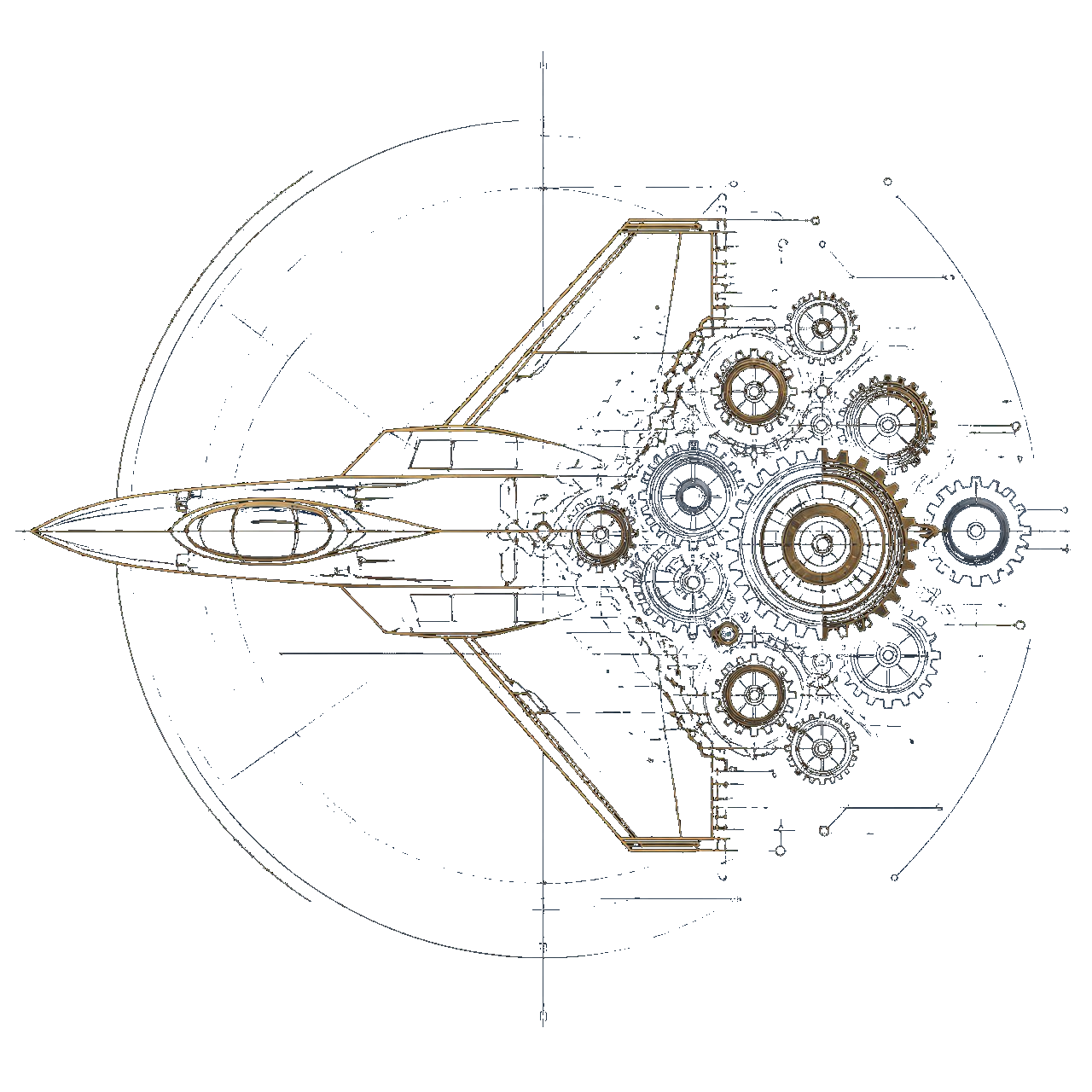 Illustration d'un avion de chasse stylisé fusionnant avec un mécanisme d'engrenages de précision